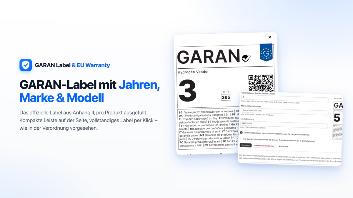 GARAN-Label mit Jahren, Marke und Modellkennung
