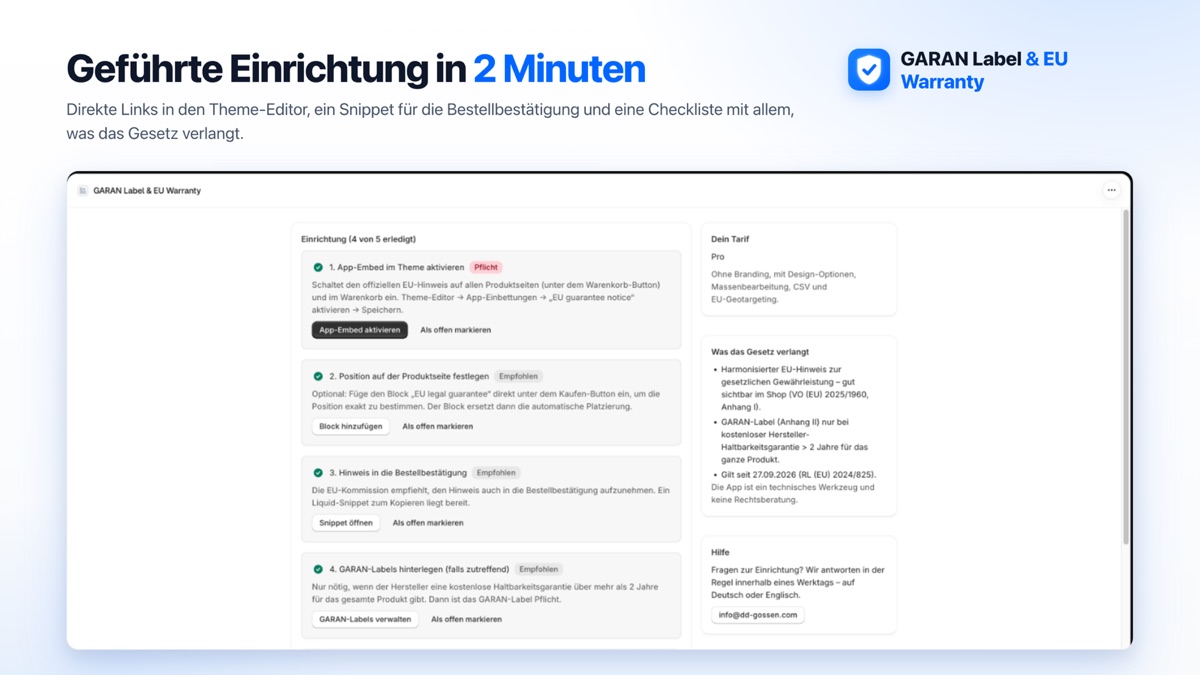 Einrichtungs-Checkliste in der App mit Schritten für App-Embed, Position, Bestellbestätigung und GARAN