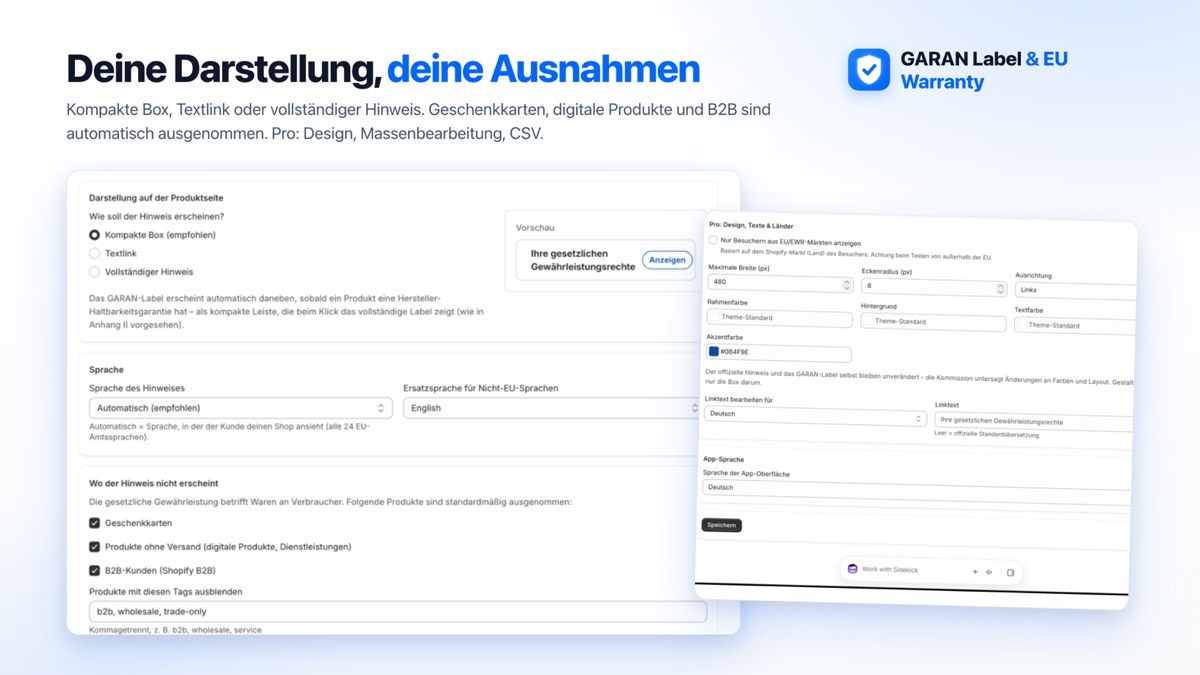 App-Einstellungen: Darstellung als kompakte Box, Textlink oder vollständiger Hinweis, Sprache, Ausnahmen und Pro-Design