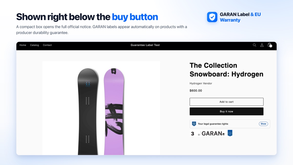 Página de producto de Shopify con un cuadro «Tus derechos de garantía legal» bajo el botón de compra y una etiqueta GARAN de 3 años